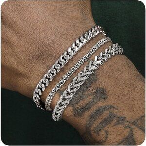 Men's Silver Gold Bracelet Set Water Resistant Stainless Steel Adjustable Gift